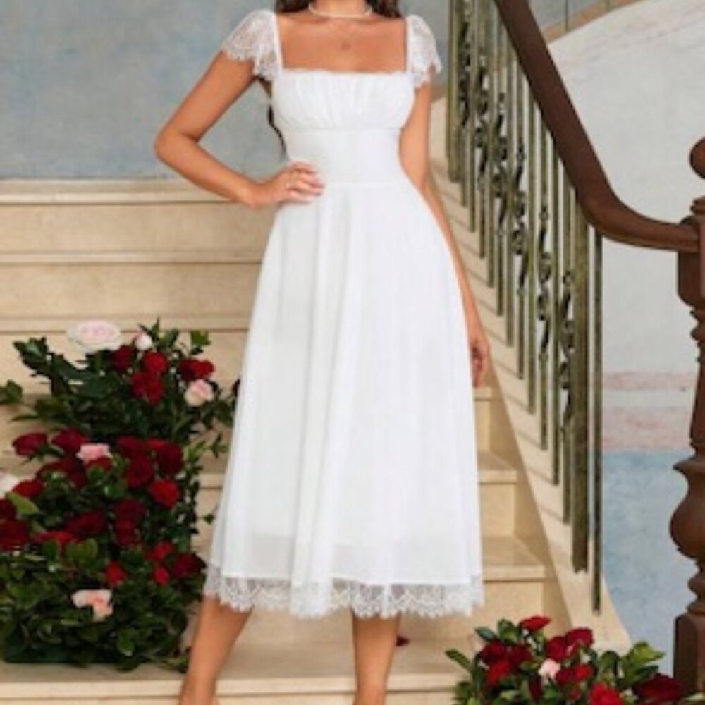 Square Neck Ruched Bust Lace Trim Dress